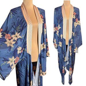 NWT Midnight Bakery Floral Kimono Duster Sz.XL Blue Open Front Boho Loungewear